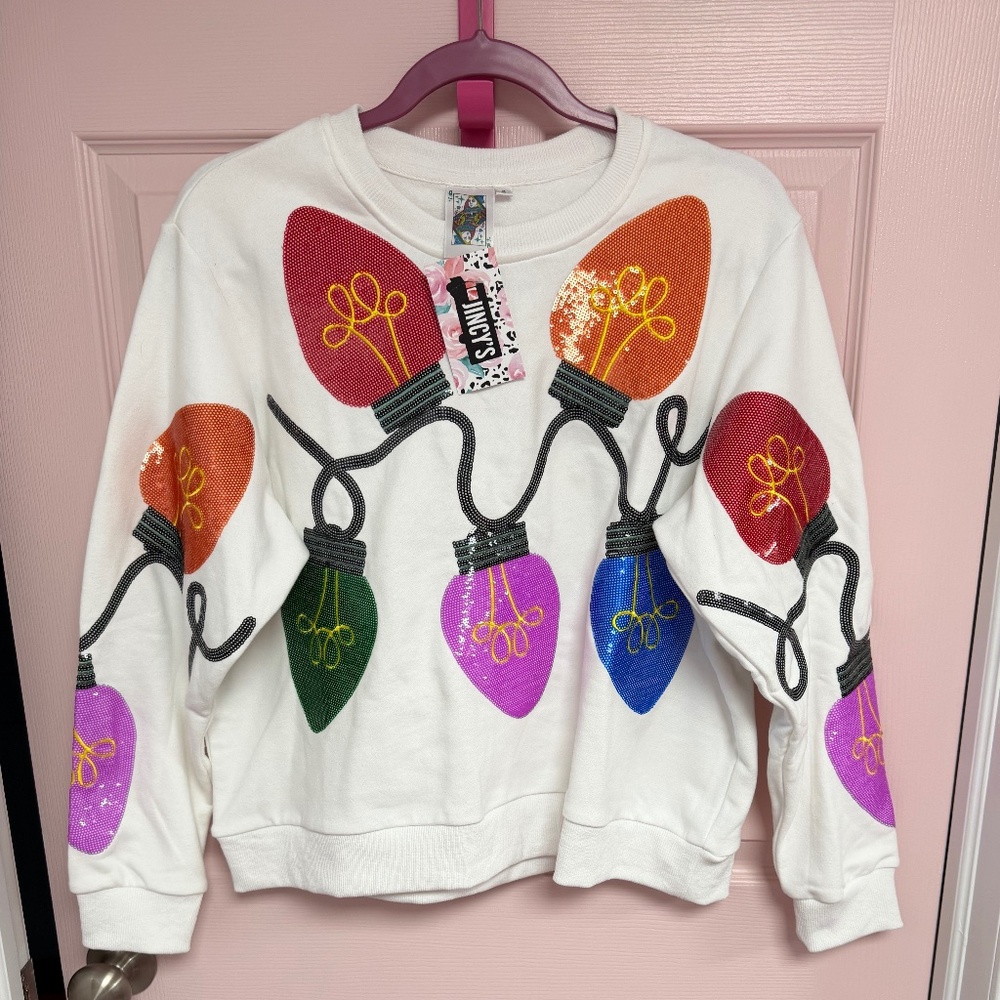 Queen of Sparkles Sequin Christmas Bulbs Oversized Sweatshirt Small RARE NWT
